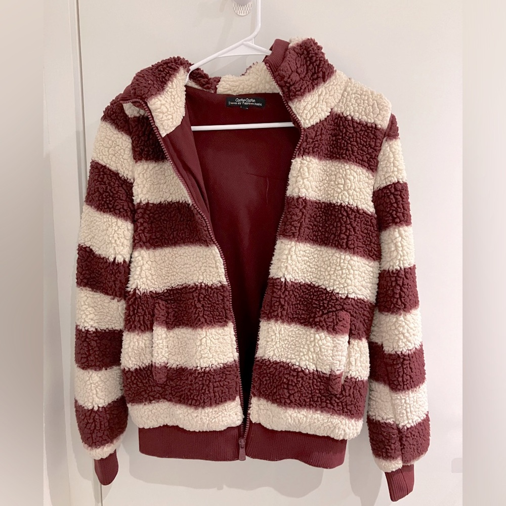 women/ big girls warm puffy fleece teddy jacket in burgundy and white stripes